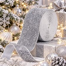 5 Yards Silver Glitter Ribbon, 3.8cm Christmas Sequin Glitter Satin Ribbon, DIY Bow Handmade Supplies, Holiday Gift Box Packaging, Christmas Tree Decoration, Tableware Napkin Tie, Greeting Card Decoration, With Subtle Glitter, Winter Christmas Party Atmosphere Handmade Decorative Ribbon - Silver - View 1