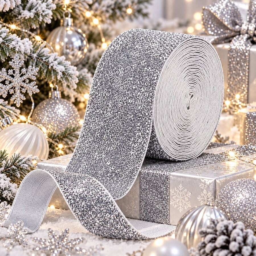 5 Yards Silver Glitter Ribbon, 3.8cm Christmas Sequin Glitter Satin Ribbon, DIY Bow Handmade Supplies, Holiday Gift Box Packaging, Christmas Tree Decoration, Tableware Napkin Tie, Greeting Card Decoration, With Subtle Glitter, Winter Christmas Party Atmosphere Handmade Decorative Ribbon - Silver - View 1