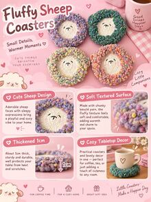Cute Sheep Face Coaster, Polyester Crochet-Style Cup Mat, Soft Textured Table Decor For Coffee & Tea, Cute Home Decor, Fall Decor, Autumn Decor, Thanksgiving Decor, Christmas Decor, Holiday Gift, Room Decor, Coffee Table Decoration - Multicolor - View 6