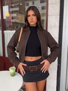 Jaket Aviator Wanita Warna Cokelat Tua Pendek dengan Resleting, Lengan Panjang, Kerah Baseball, Tahan Angin, Cocok untuk Dipakai di Musim Gugur - Coffee Brown - View 2