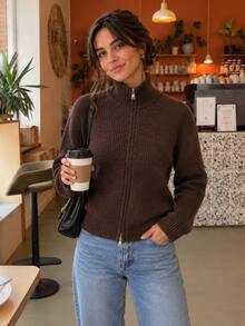 Women's Brown Chunky Ribbed Knit Half-Zip Half-High Neck Cropped Loose Sweater, Long Sleeve, Autumn/Winter Streetwear - Dark Grey - View 5