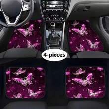2D,4pcs Car Floor Mat Set,Pink Butterfly Style Print,Easy To Clean,Fashionable Car Interior Protection For Cars,Trucks,SUVs,Premium Polyester Fiber Mats For All Seasons,Perfect Gift For Christmas And Halloween - Multicolor - View 1