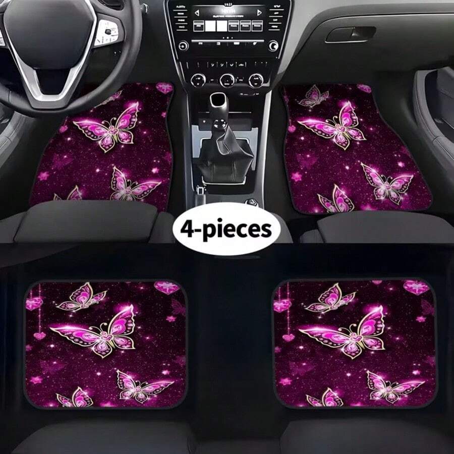 2D,4pcs Car Floor Mat Set,Pink Butterfly Style Print,Easy To Clean,Fashionable Car Interior Protection For Cars,Trucks,SUVs,Premium Polyester Fiber Mats For All Seasons,Perfect Gift For Christmas And Halloween - Multicolor - View 1