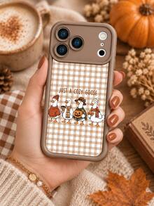 1pc Autumn Plaid Healing Goose Phone Case, Brown Frame Full Coverage Shockproof Soft Shell, Compatible With Iphone 17 16 15 14 13 12 11/Pro/ProMax/X/XR/XS/XSMAX/7/8/PLUS, /Honor - Khaki - View 5