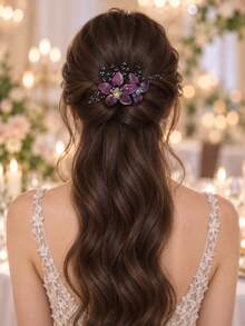 Elegant Purple Floral Hair Comb With Beaded Crystal Rhinestones, Handmade Mesh Flower Side Comb Bridal Hair Accessory For Wedding, Prom, Party, Evening Banquet, Bridesmaid - Multicolor - View 1