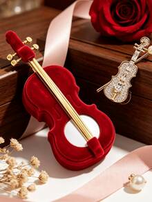 Caja de Joyas de Terciopelo con Forma de Violín & Broche de Violín con Strass, Estuche de Almacenamiento de Labial Mini Lindo para Aretes Anillos Collares, Tema Musical Creativo - Multicolor - Ver 9