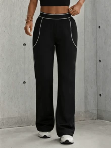 Hidkat Women's Fashion Solid Color High Waist Casual Yoga Sports Knit Flare Pants - Black - View 5