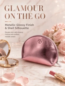 Armani Metal Pink Shell-Shaped Zipper Makeup Bag, Women's Toiletry Bag, Luxury Shiny Portable Cosmetic Pouch For Travel, Makeup And Skincare Storage, Versatile Handbag For Commute, Date And Party - Metallic Pink Shell-shaped Makeup Bag - View 1