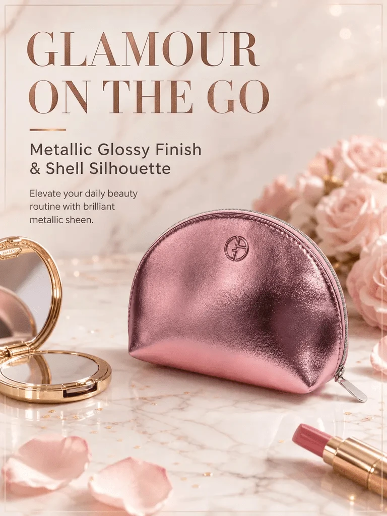 Armani Metal Pink Shell-Shaped Zipper Makeup Bag, Women's Toiletry Bag, Luxury Shiny Portable Cosmetic Pouch For Travel, Makeup And Skincare Storage, Versatile Handbag For Commute, Date And Party - Metallic Pink Shell-shaped Makeup Bag - View 1