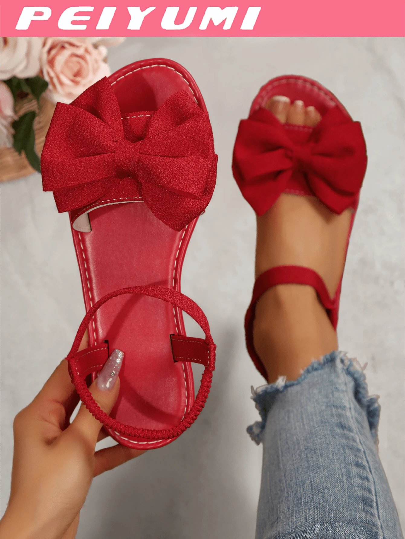 PEIYUMI Women's Sandals Summer, Elegant Bow Decor, Comfortable Thick Medium Heel, Stretchy Elastic Design, Easy To Wear, Suitable For Beach, Casual, Party