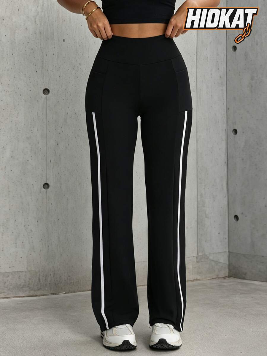 Hidkat Women's Fashion Solid Color High Waist Slim Fit Yoga Sports Knit Flare Pants - Black and White - View 1