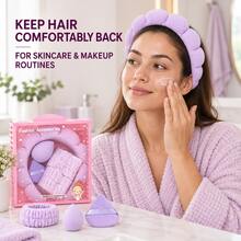 5pcs Gift Set Multi-Functional Skincare & Makeup, Makeup Tool Gift Box, Cloud Petal Coral Fleece Headband & Absorbent Wristband, Includes Water Drop Makeup Sponge + Triangle Powder Puff, Macaron Multi-Color, Soft & Skin-Friendly, Dry & Wet Dual Use, Smooth Application Without Powder Absorption, Women's Makeup Base, Home Skincare, Suitable For All Seasons, Holiday Gift Makeup Set, Halloween, Christmas, Back To School - Multicolor - View 5