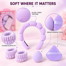 5pcs Gift Set Multi-Functional Skincare & Makeup, Makeup Tool Gift Box, Cloud Petal Coral Fleece Headband & Absorbent Wristband, Includes Water Drop Makeup Sponge + Triangle Powder Puff, Macaron Multi-Color, Soft & Skin-Friendly, Dry & Wet Dual Use, Smooth Application Without Powder Absorption, Women's Makeup Base, Home Skincare, Suitable For All Seasons, Holiday Gift Makeup Set, Halloween, Christmas, Back To School - Multicolor - View 8