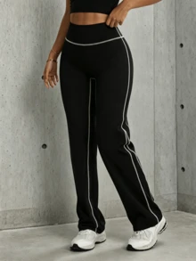 Hidkat Women's Solid Color High Waist Letter Yoga Casual Sports Knit Long Pants - Black - View 3