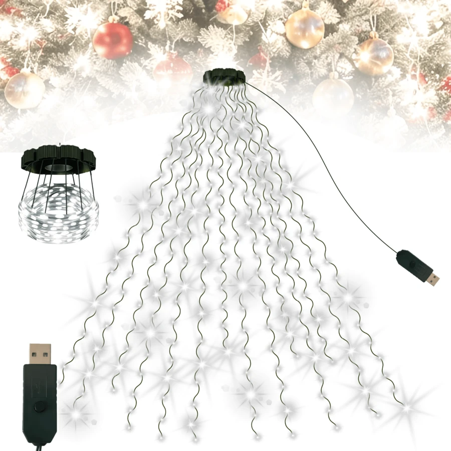 400/220 LED Christmas Waterfall Tree Lights, USB Powered, 10 Lighting Modes, LED Indoor String Lights, White Holiday Decorative Lights, Suitable For Indoor/Outdoor, Garden, Party, Wedding, Festival, Christmas Tree, Christmas Decoration