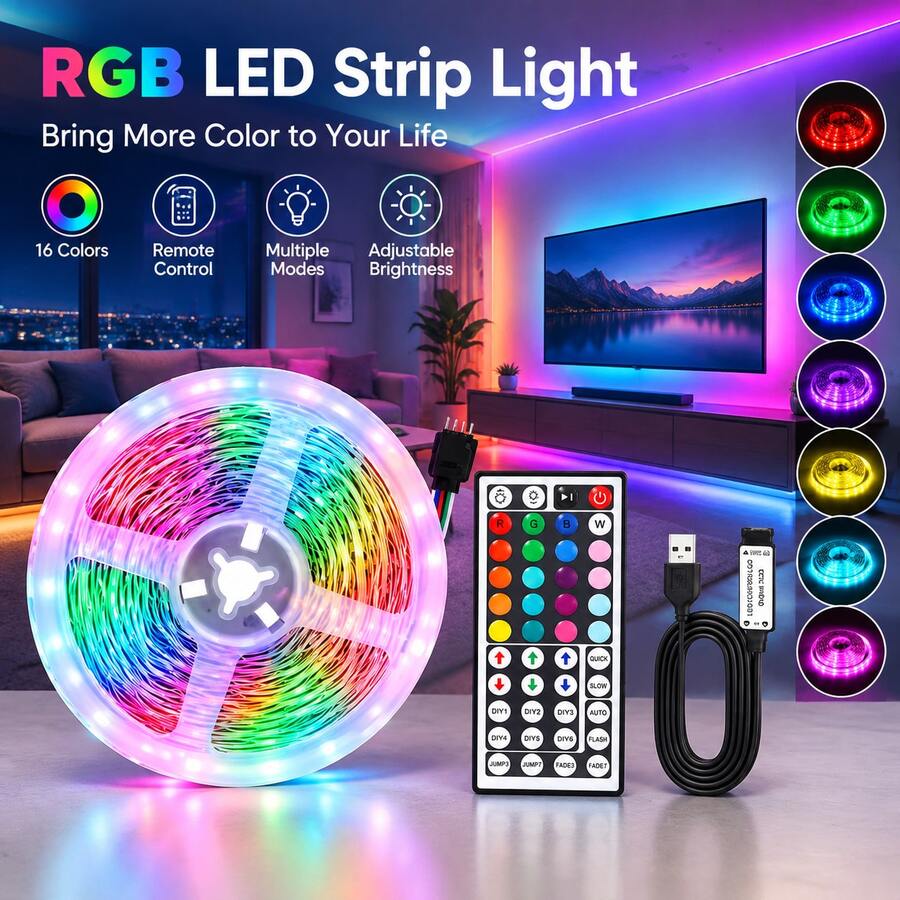 Multi-Color RGB LED Tape Light, 44 Keys Remote Controller, USB Powered, Self-Adhesive Cuttable Strip, Ideal For Halloween, New Year, Bar & Room Ambient Lighting - 44KEY 3535 - View 1