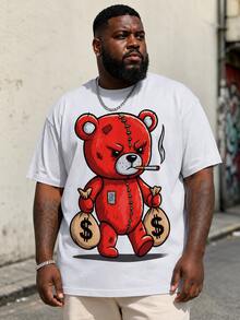 Plus Size Men's Casual Round Neck T-Shirt, Polyester Knit Fabric Comfortable & Breathable, Fashion Casual Cartoon Series "Rag Doll Coin Teddy Bear" Streetwear Design Fresh Series, Creative Personalized Top - Grey - View 1