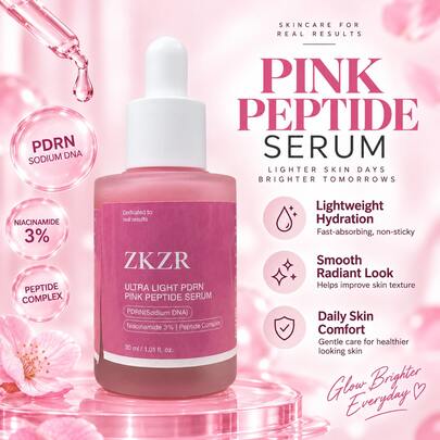 Zkzr Sérum de Peptídeo Rosa PDRN Ultra-Leve 30ml, Essência Facial Iluminadora & Hidratante, 3% Niacinamida & Complexo de Peptídeo, Textura de Absorção Rápida Não Pegajosa, Cuidados com a Pele em Casa Manhã & Noite, Para Todos os Tipos de Pele, Aplicável a Homens e Mulheres