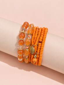 5pcs/Set Orange Seed Bead Layered Bracelet Set, Leaf Pendant Elastic Bracelets, Accessories For Boys And Girls, Suitable For Holiday Party Wear, Holiday Gift, Vacation Style - one-size - View 5
