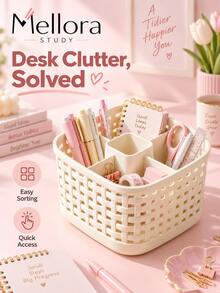 1pc 4 Compartments Imitation Rattan Desk Organizer, PP Woven Storage Box, Multi-Grid Desktop Storage Basket For Stationery Cosmetics, Office Vanity Table Organizer - Multicolor - View 2