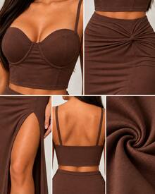 Conjunto Feminino Cropped Corset de Alça + Saia Midi com Fenda e Detalhe Franzido - Marrom - Visão 4