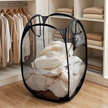 Pop-Up Mesh Laundry Hamper, Collapsible Laundry Storage Basket With Reinforced Handles And Side Pockets, Breathable Laundry Organizer For College Dorm/Apartment Living/Travel, Back To School & Holiday Essential - Black - View 5