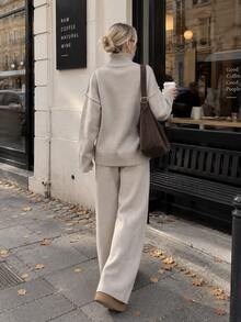 Women's Chic Beige High Neck Loose Knit Sweater And Wide Leg Pants Co-Ord Set, Perfect For Fall Daily Wear - Khaki - View 2