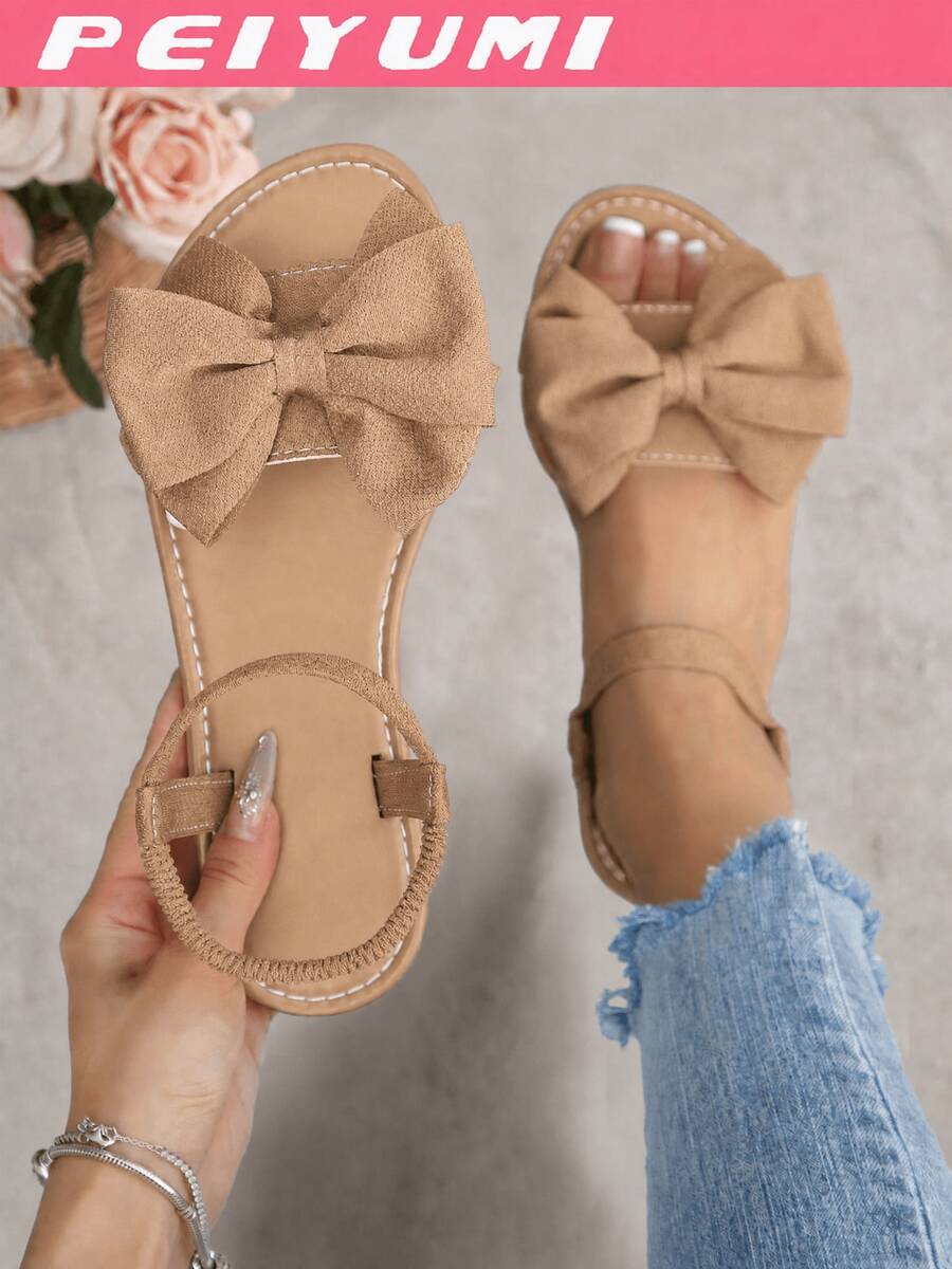 PEIYUMI Women's Summer Sandals, Elegant Bow Decor, Comfortable Thick Mid-Heel, Stretchy Elastic Design For Easy Wearing, Suitable For Beach, Casual Gatherings And More