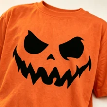 Playera manga corta para niño, estampado cara de calabaza, ropa temática para Halloween y Día de Muertos - Naranja - Ver 2