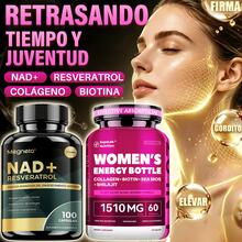 MEGNETA Pack de suplementos NAD+ y energía para mujer | Con resveratrol, astaxantina, biotina, shilajit, musgo marino y colágeno | Antioxidante, cuidado celular, salud de la piel y el cabello | 100 + 60 cápsulas - Paquete de 1-Dos Botellas - Ver 2