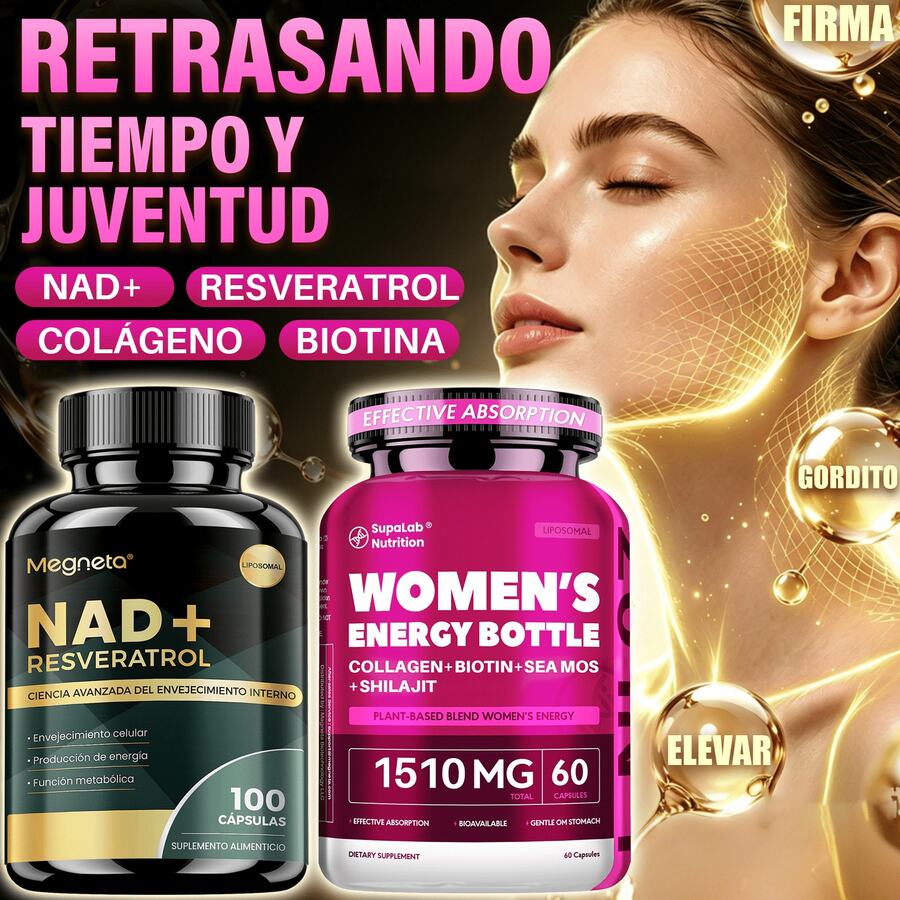 MEGNETA Pack de suplementos NAD+ y energía para mujer | Con resveratrol, astaxantina, biotina, shilajit, musgo marino y colágeno | Antioxidante, cuidado celular, salud de la piel y el cabello | 100 + 60 cápsulas