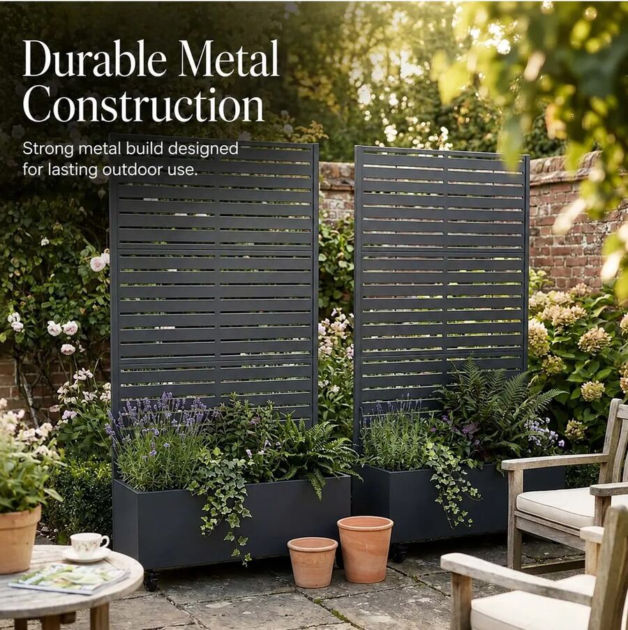 Galvanized Steel Screen Planter With Wheels, Movable Metal Raised Garden Bed, Privacy Partition Trellis, Suitable For Courtyards, Balconies, And Terraces - Grey - View 1