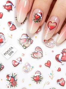 1pc Christmas Colorful Ball Red Heart Nail Stickers, Red Flower Pine Branch Snowflake Nail Decals, Self-Adhesive Glitter Nail Art, Asymmetrical Shape, Sweet Style, Suitable For Theme Party - Multicolor - View 2