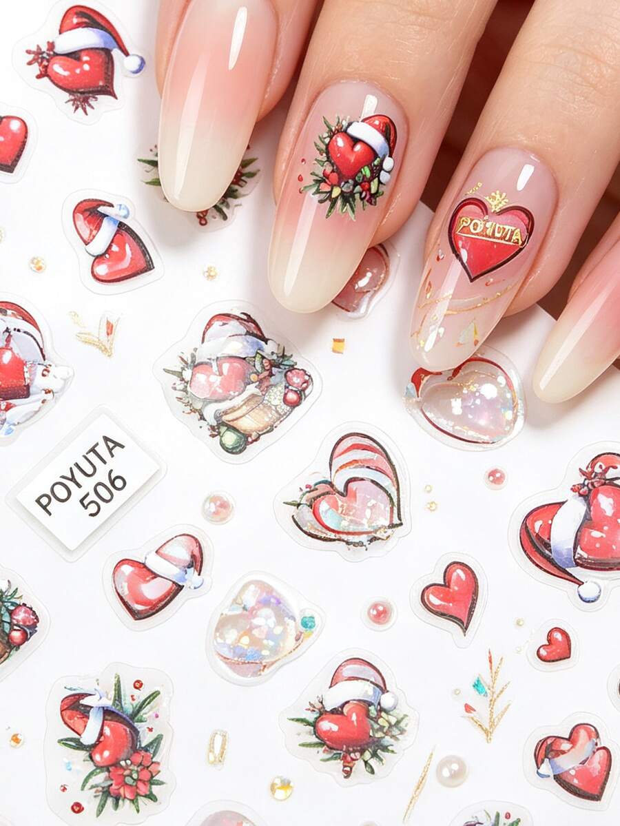 1pc Christmas Colorful Ball Red Heart Nail Stickers, Red Flower Pine Branch Snowflake Nail Decals, Self-Adhesive Glitter Nail Art, Asymmetrical Shape, Sweet Style, Suitable For Theme Party