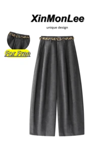 Korean Style Loose Old Money Vintage Wide Leg Curved Hem Pants With Belt, Slimming Casual Suit Trousers For Autumn/Winter, Elegant Travel And Vacation - Dark Grey - View 1