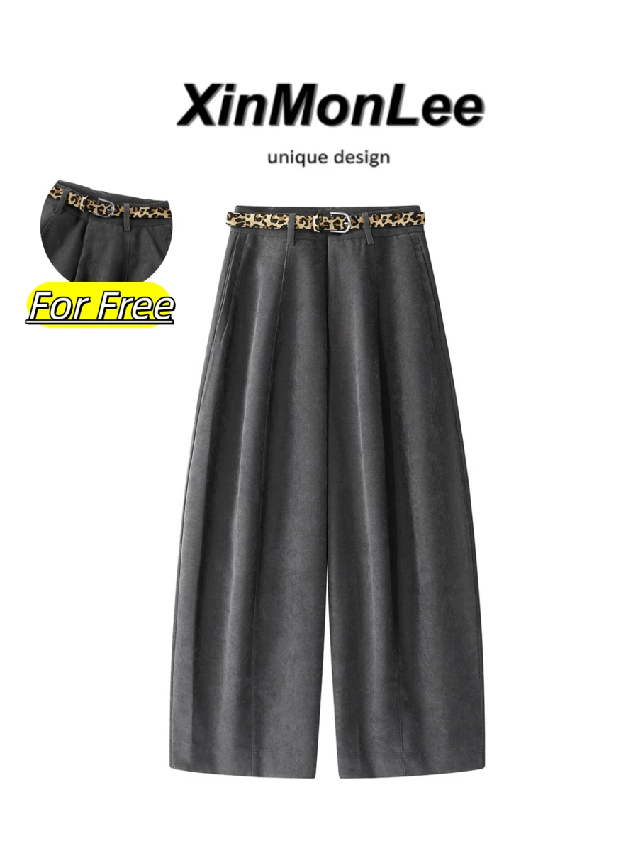 Korean Style Loose Old Money Vintage Wide Leg Curved Hem Pants With Belt, Slimming Casual Suit Trousers For Autumn/Winter, Elegant Travel And Vacation - Dark Grey - View 1