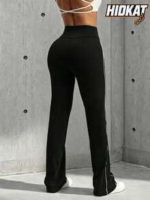 Hidkat Women's Fashion Solid Color High Waist Casual Yoga Sports Knit Flare Pants - Black - View 2