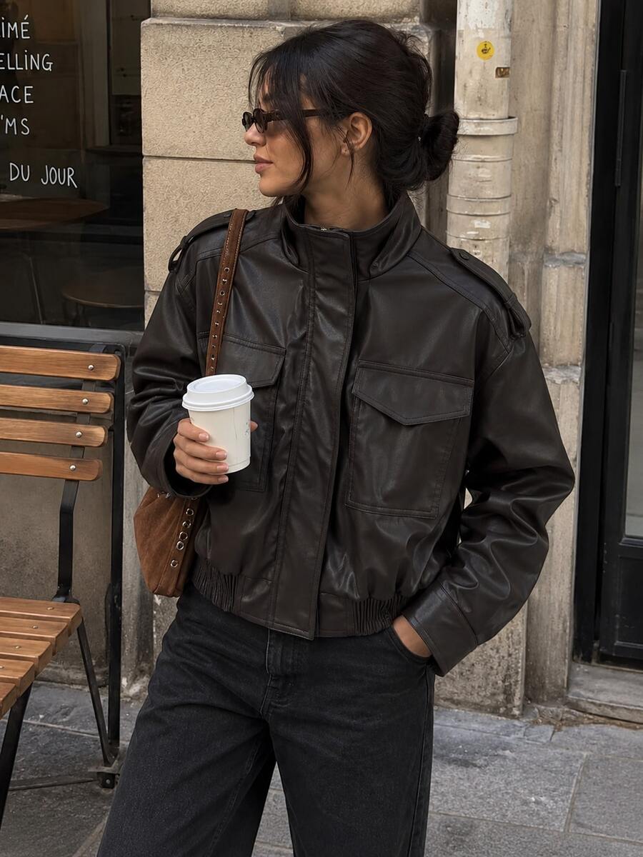 Casual Solid Color Large Pocket Short Leather Jacket, Autumn/Winter - Chocolate Brown - View 1