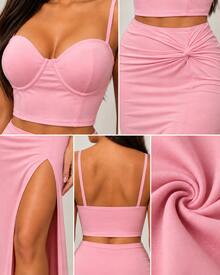 Conjunto Feminino Cropped Corset de Alça + Saia Midi com Fenda e Detalhe Franzido - Rosa Bebê - Visão 3