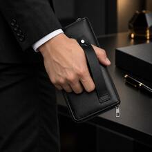 HOVI'S 男士 PU 皮革長拉鍊錢包，大容量手拿包附腕帶，手機口袋、卡槽與零錢袋 - 黑色 - 查看 6