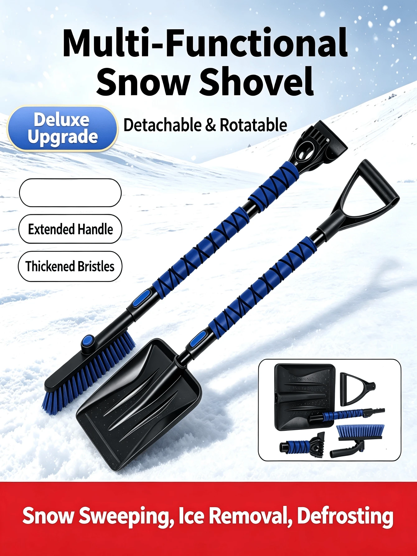 2pcs 5-In-1 Detachable Telescopic Snow Brush Ice Scraper, Rotatable Winter Snow Removal Tool, Suitable For Car Windshield, Driveway And Sidewalk, ABS Aluminum Alloy Material - Multicolor - View 1