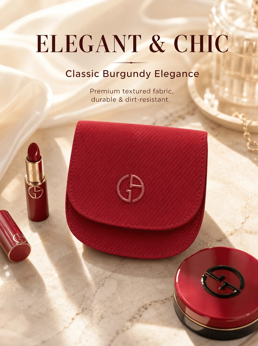 Armani Burgundy Flap Mini Makeup Bag, Textured Portable Small Storage Pouch For Lipstick And Jewelry, Women's Toiletry Bag For Commute, Date, Party, Versatile Handheld Clutch - Red Flap Bag - View 1