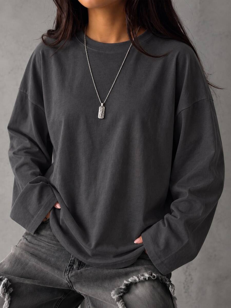 Women's Fashion Long Sleeve Crew Neck Regular Fit Loose T-Shirt, Versatile Casual Autumn/Winter New Plus Size Top, Essential For Autumn, Easy To Style - Dark Grey - View 1