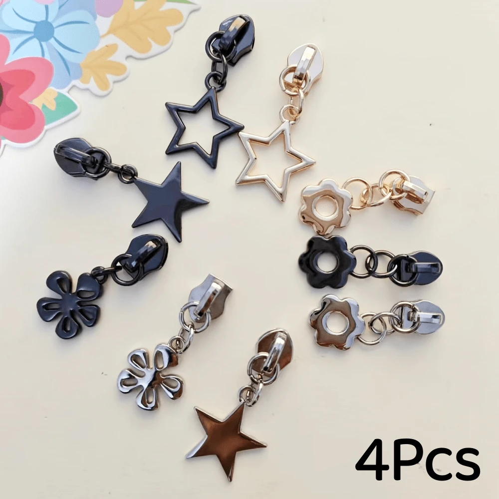 4Pcs #5 Zipper Pulls With Gold Chain - Star & Flower Zipper Locks Suitable For Bags, Clothing, Handbags - Nylon Zipper Pulls Suitable For DIY Crafts & Repair - Multicolor - View 1
