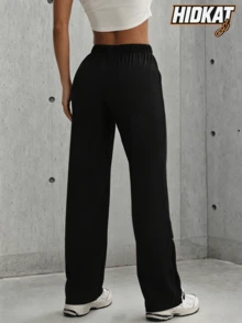Hidkat Women's Solid Color High Waist Elastic Band Stretch Yoga Casual Sports Knit Long Pants - Black and White - View 2