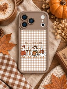 1pc Autumn Plaid Healing Goose Phone Case, Brown Frame Full Coverage Shockproof Soft Shell, Compatible With Iphone 17 16 15 14 13 12 11/Pro/ProMax/X/XR/XS/XSMAX/7/8/PLUS, /Honor - Khaki - View 7