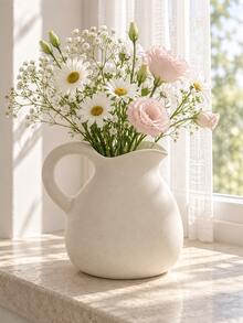1pc Cream White Ceramic Water Pitcher Vase, Rough Textured Pottery Flower Pot With Handle And Wavy Spout, Rustic Modern Home Decor, Suitable For Living Room, Entryway, Shelf, Mantel, Coffee Table, Dining Table Centerpiece, Housewarming Gift - Short and Stout Water Bottle Vase - View 2