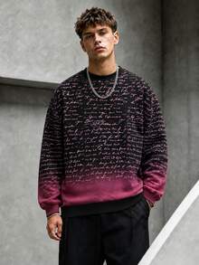 Krometka Men's Gradient Tie-Dye Crew Neck Sweatshirt, Full Print Handwritten English Manuscript Graphic Loose Fit Long Sleeve Top - Black - View 1