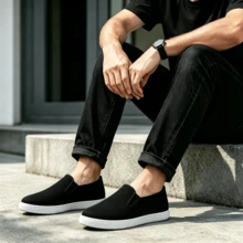Black Canvas Slip-On Shoes, Lightweight Breathable Casual Slip-On Design, Suitable For All Seasons, Daily Commute, Outdoor Walking, Vacation - Black and White - View 4