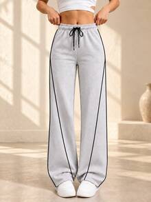 Women's Relaxed Fit Wide Leg Pants With Elastic Drawstring Waist And Contrast Side Trim Casual Lounge Trousers - Grey - View 3